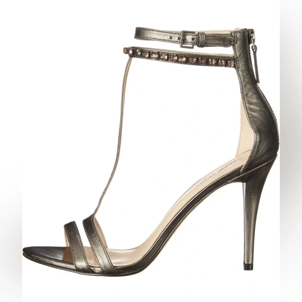 Nine West Women's Dana Metallic Leather Heeled Sandal Pewter 9
